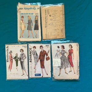 Lot of 5 Vintage 50s 60s Sewing Patterns Junior Bust 33 & 35